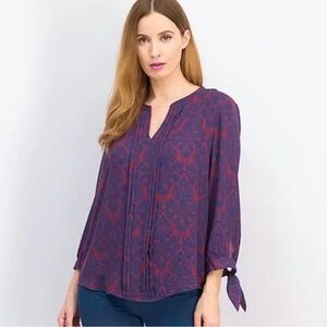 41 Hawthorn Womens Melisa Long Sleeve Printed Top Sz Small Blue Red Tie Cuff